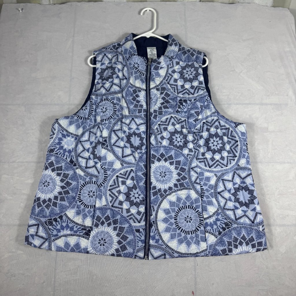 Ruby Rd Quilted Vest Womens Blue White Medallion Print Full-Zip Outdoor Size 2x